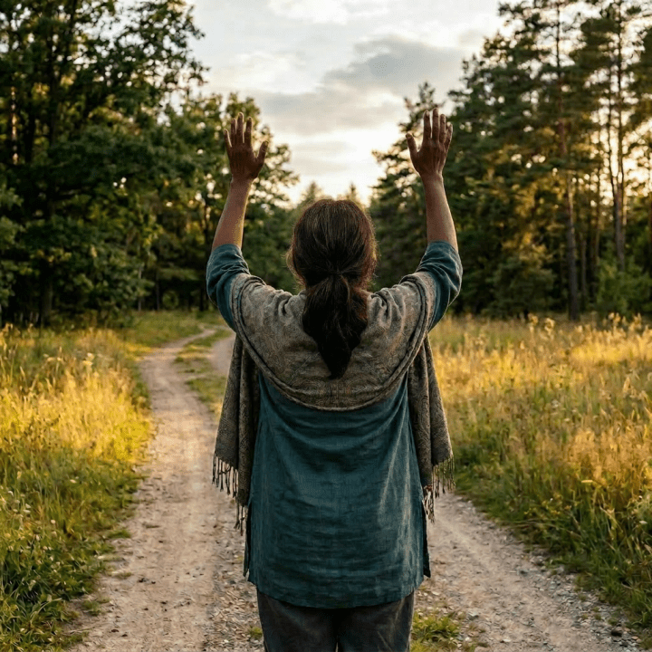 Woman in green jacket with scarf raising hands on a dirt path surrounded by trees